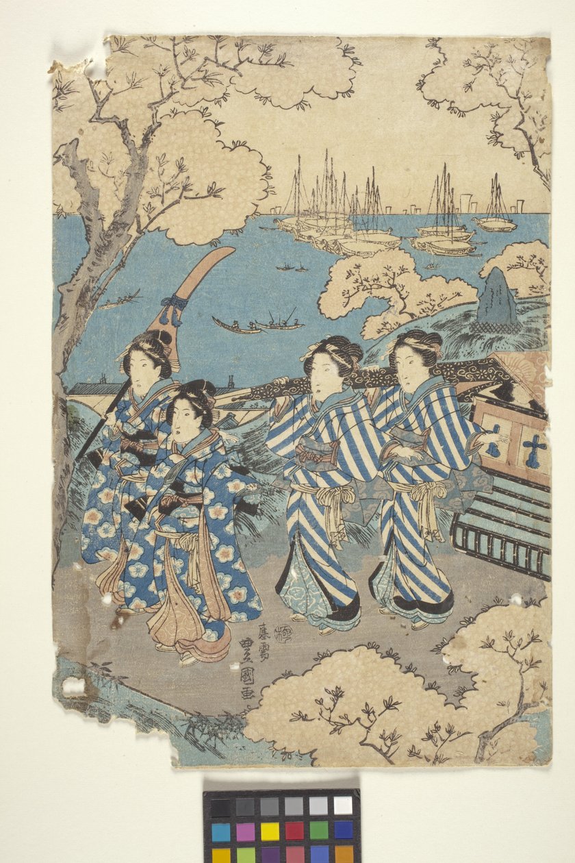 Toto: oglądanie kwiatów w Gotenyama, 2 (część tryptyku) (drzeworyt kolorowy) autorstwa School Japanese