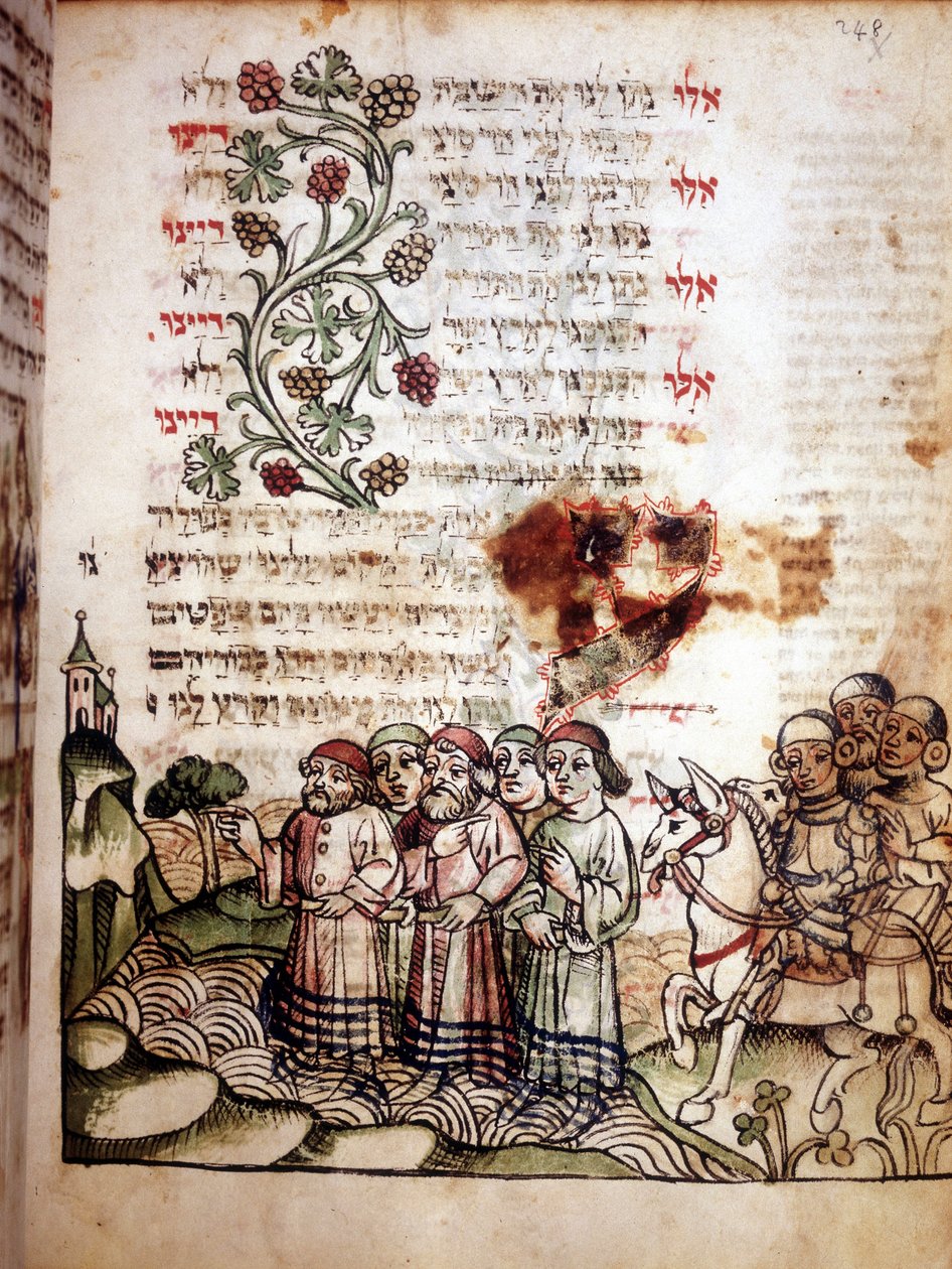 Scena biblijna: Żydzi przekraczają Morze Czerwone. Strona Machazora, modlitewnik w języku hebrajskim. rękopis sd. autorstwa School Jewish
