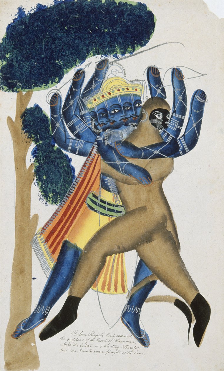 Ravana, demoniczny król Cejlonu walczący z synem Hanumana (akwarela na papierze) autorstwa School Kalighat