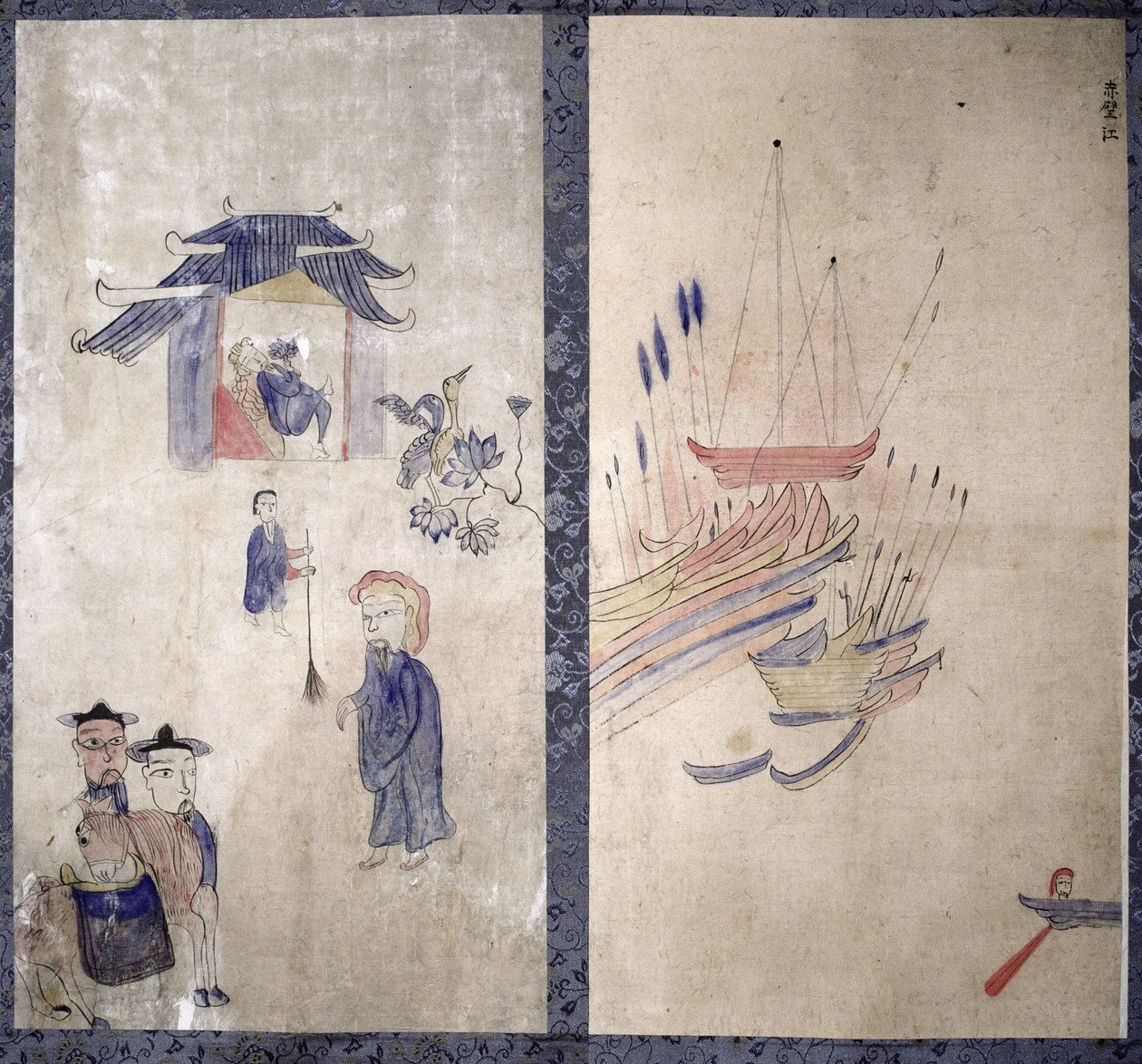 Panel z ośmiokrotnie złożonego ekranu przedstawiający historię trzech królestw (naturalne pigmenty na papierze) autorstwa School Korean