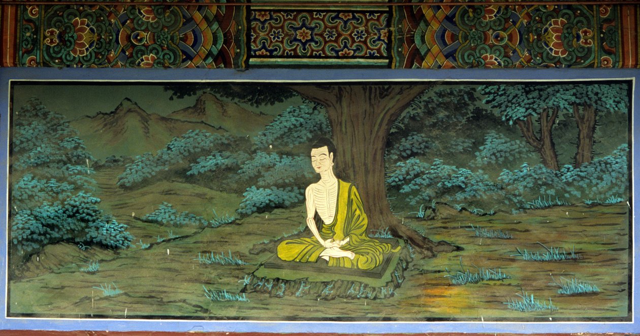 Budda w medytacji. Fresk w świątyni Yongju, region Suwon, Korea. autorstwa School Korean