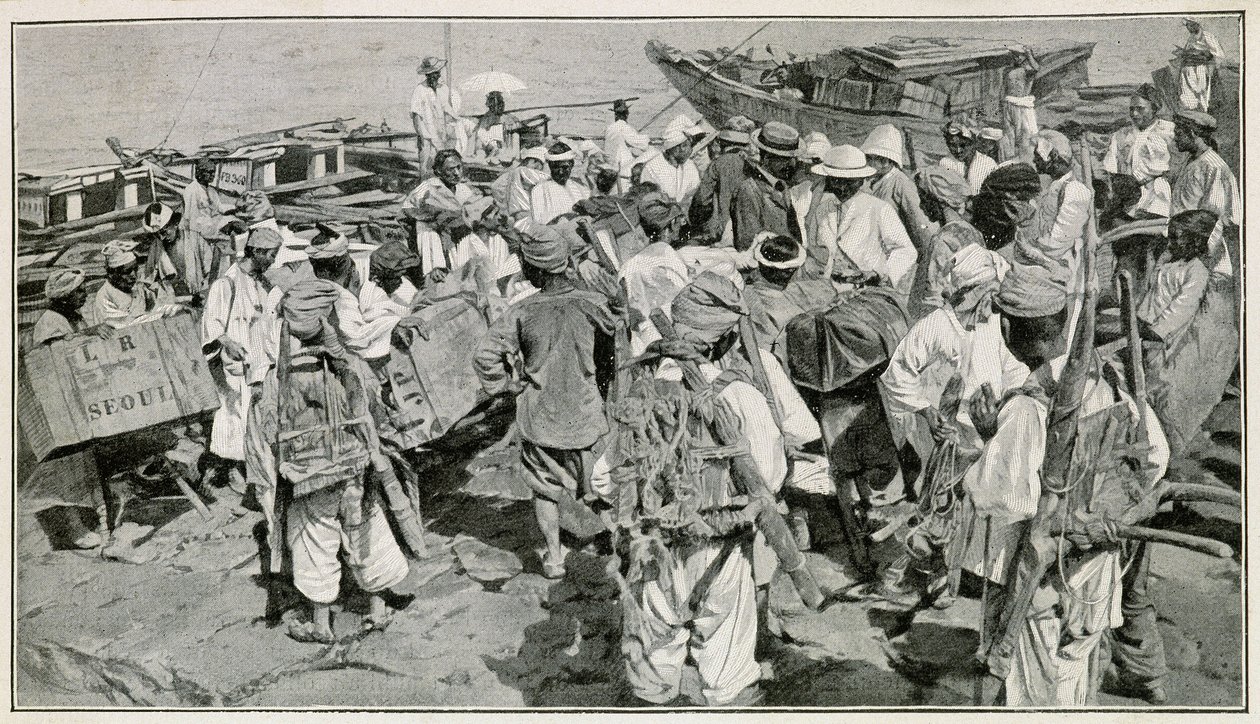 Koreańscy tragarze w porcie Chemulpo (Korea Południowa), rozładunek złomu - ilustracja po XIX-wiecznej fotografii autorstwa J. de Pange, z Travel in Korea autorstwa doktora Hagena autorstwa School Korean