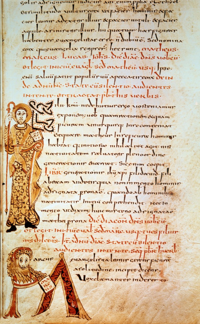 św. Mateusz; litera M (głowa lwa św. Marka). Strona w „” Sakramentarz Gellone”, folio 42. Enluminated David, v. 790, Francja, Meaux lub Cambrai. BN, Paryż autorstwa School Merovingian