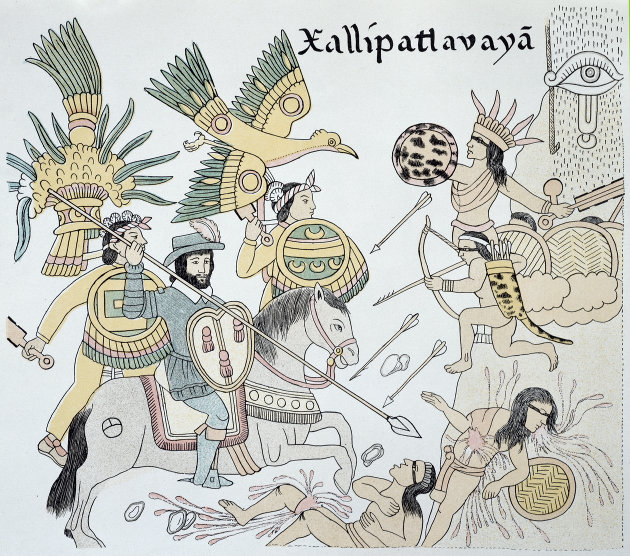 Walka między Hiszpanami a Aztekami w bitwie pod Xallipatlavaya, ilustracja z faksymile meksykańskiej indiańskiej historii obrazkowej "Lienzo de Tlaxcala" z ok. 1550 r. autorstwa School Mexican