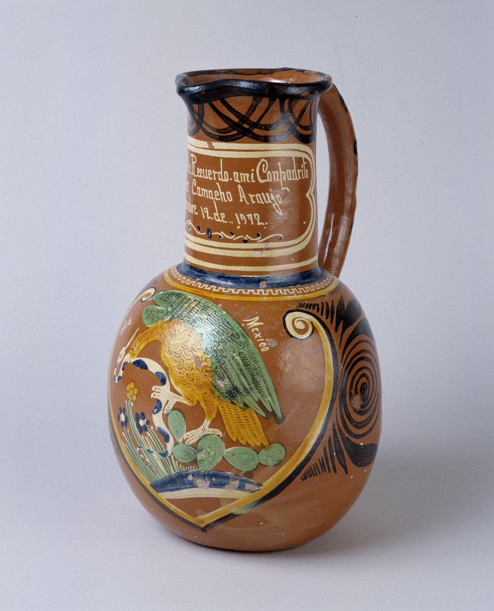 Sztuka ludowa: pulque słój (sfermentowany alkohol z agawy) z malowanej i lakierowanej terakoty, z Meksyku. 1972 Muzeum Doliny, Barcelonnette (Alpy Górnej Prowansji) autorstwa School Mexican