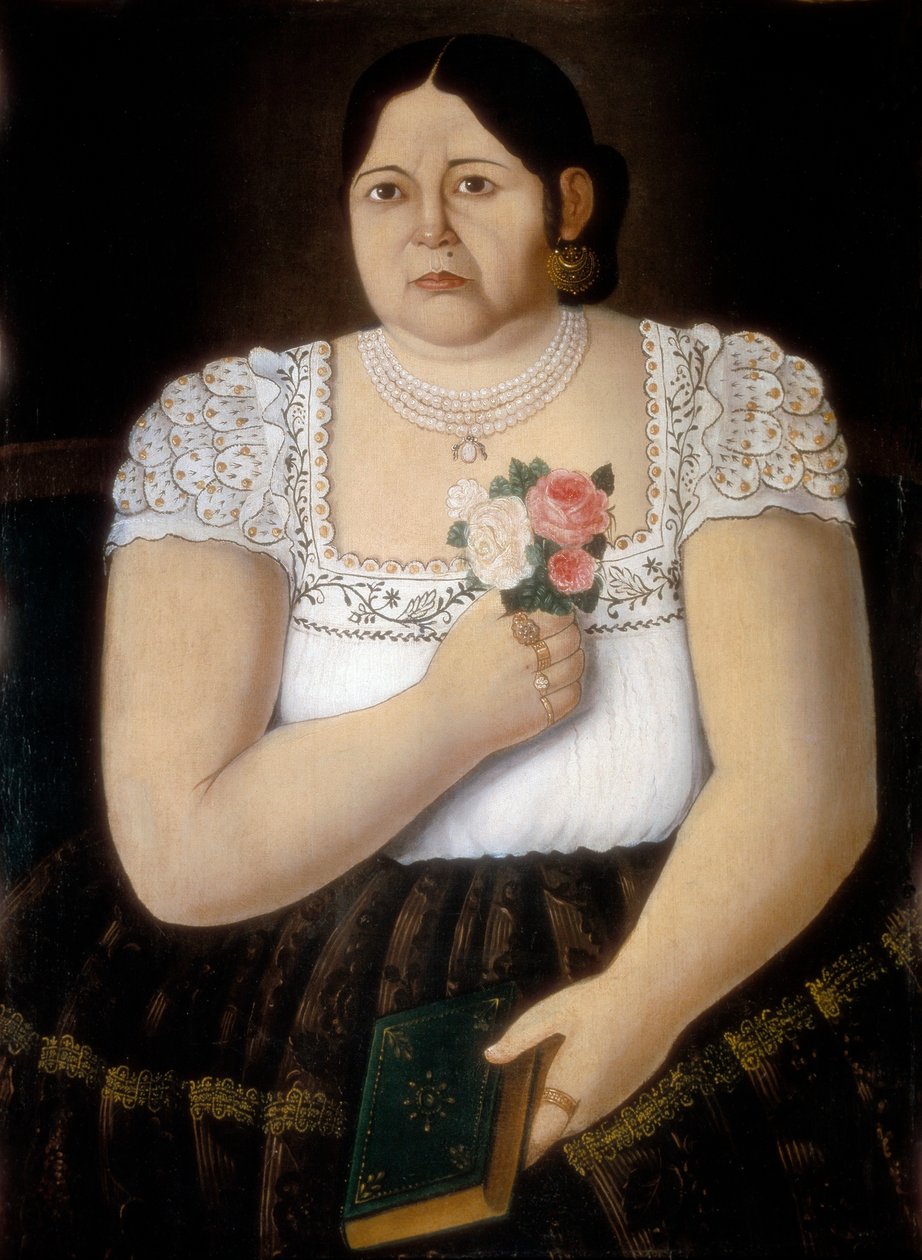 Portret rodzimej kobiety z Puebla z bukietem róż (obraz) autorstwa School Mexican