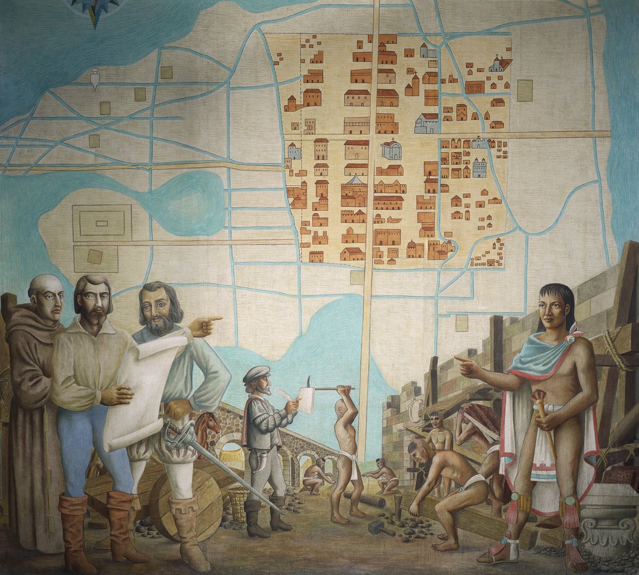 Trzech mężczyzn stojących na budowie, Mexico City, Meksyk autorstwa School Mexican