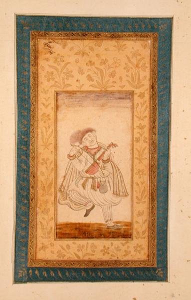 Tańczący gracz sarangi, muzyk dworu Mogołów, z Large Clive Album (barwiony rysunek) autorstwa School Mughal