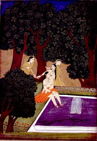 Dama na basenie, Johnson Album IX, nr 16, ok. 1780 (gwasz ze złotem na papierze) autorstwa School Mughal