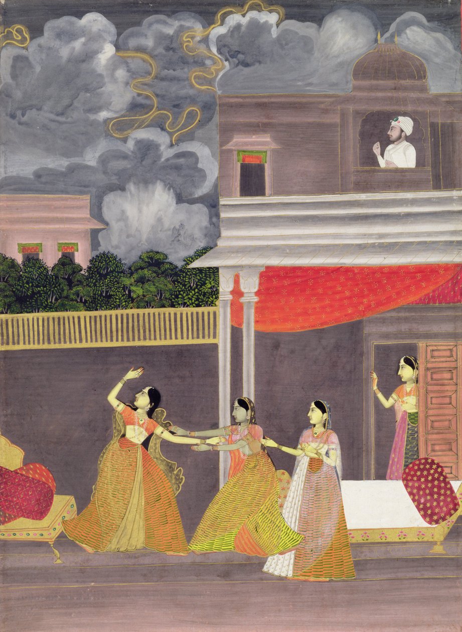 Dama przyprowadzona w nocy z burzy: ilustracja z trybu muzycznego Madhu Madhavi, ok. 1760 (gwasz na papierze) autorstwa School Mughal