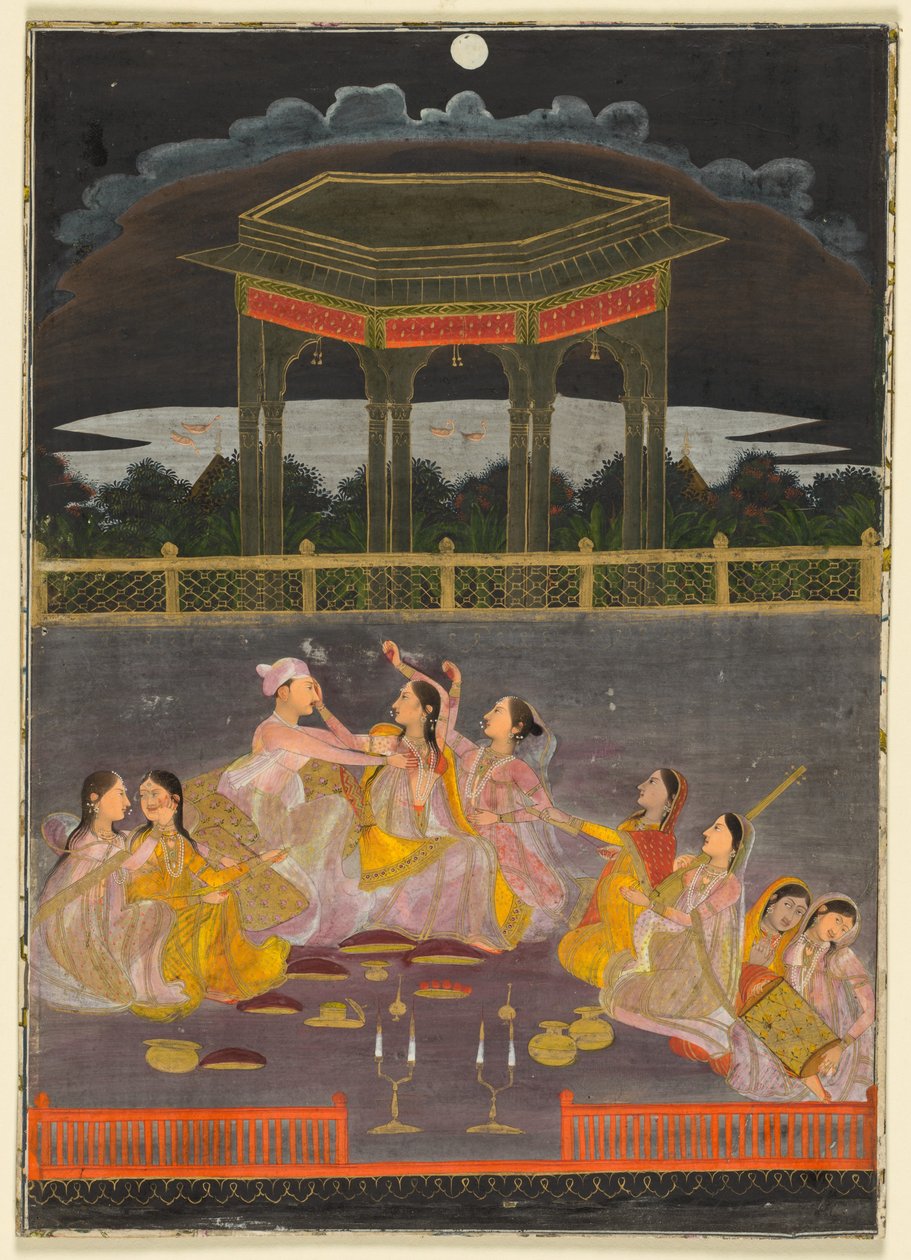 Książę świętujący Holi z pałacowymi kobietami na tarasie nocą, ok. 1760 (nieprzezroczysta akwarela i złoto na papierze) autorstwa School Mughal