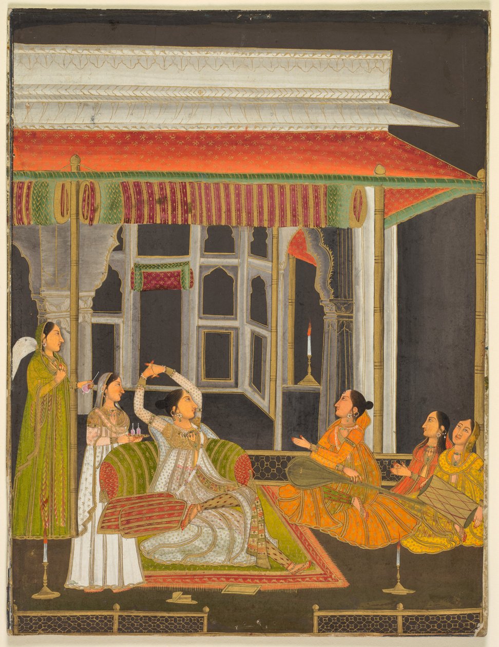 Księżniczka na tarasie z towarzyszami w nocy (recto); kaligrafia (verso), ok. 1760 (nieprzezroczysta akwarela ze złotem na papierze) autorstwa School Mughal