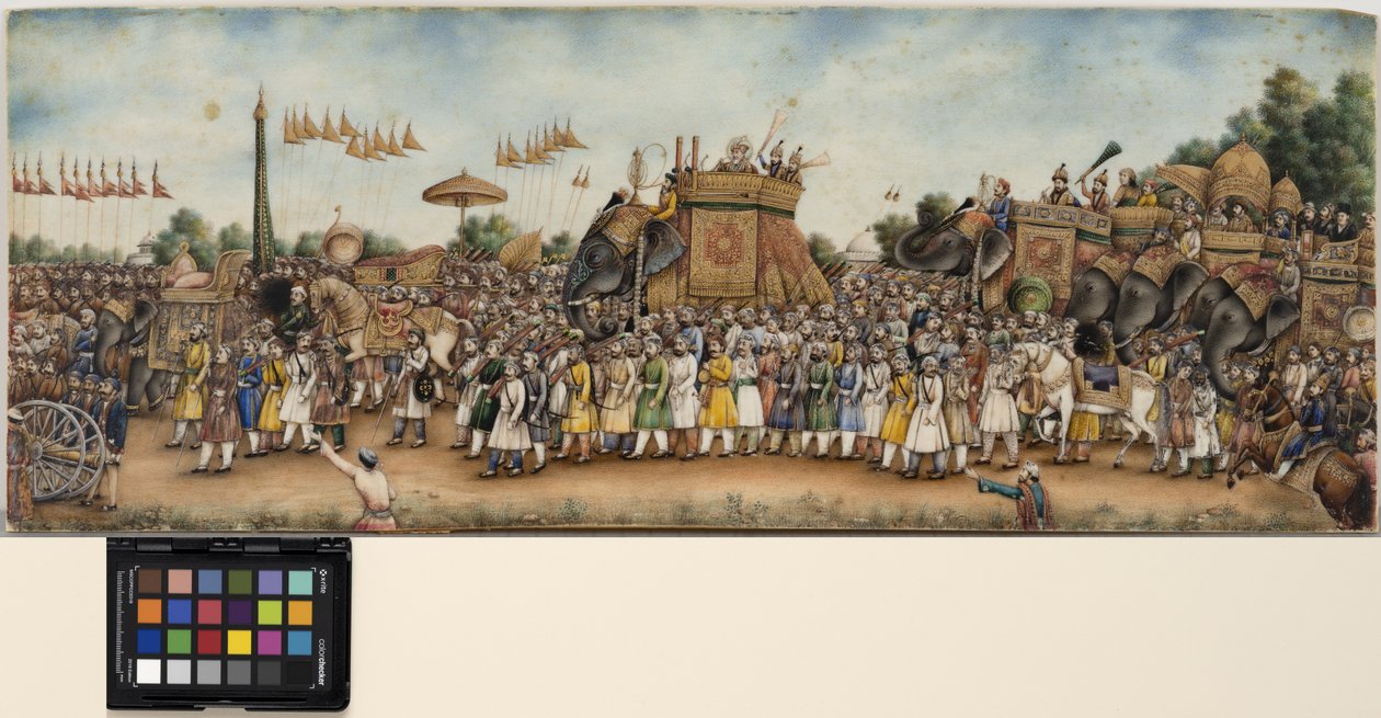 Akbar Shah II jedzie na słoniu w ogromnej procesji, ok. 1835 (nieprzezroczysta akwarela i złoto na kości słoniowej) autorstwa School Mughal