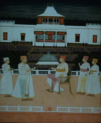 Hazan Riza przedstawia błaganie Nawabowi z Oudhaa w ogrodzie Mogołów autorstwa School Mughal