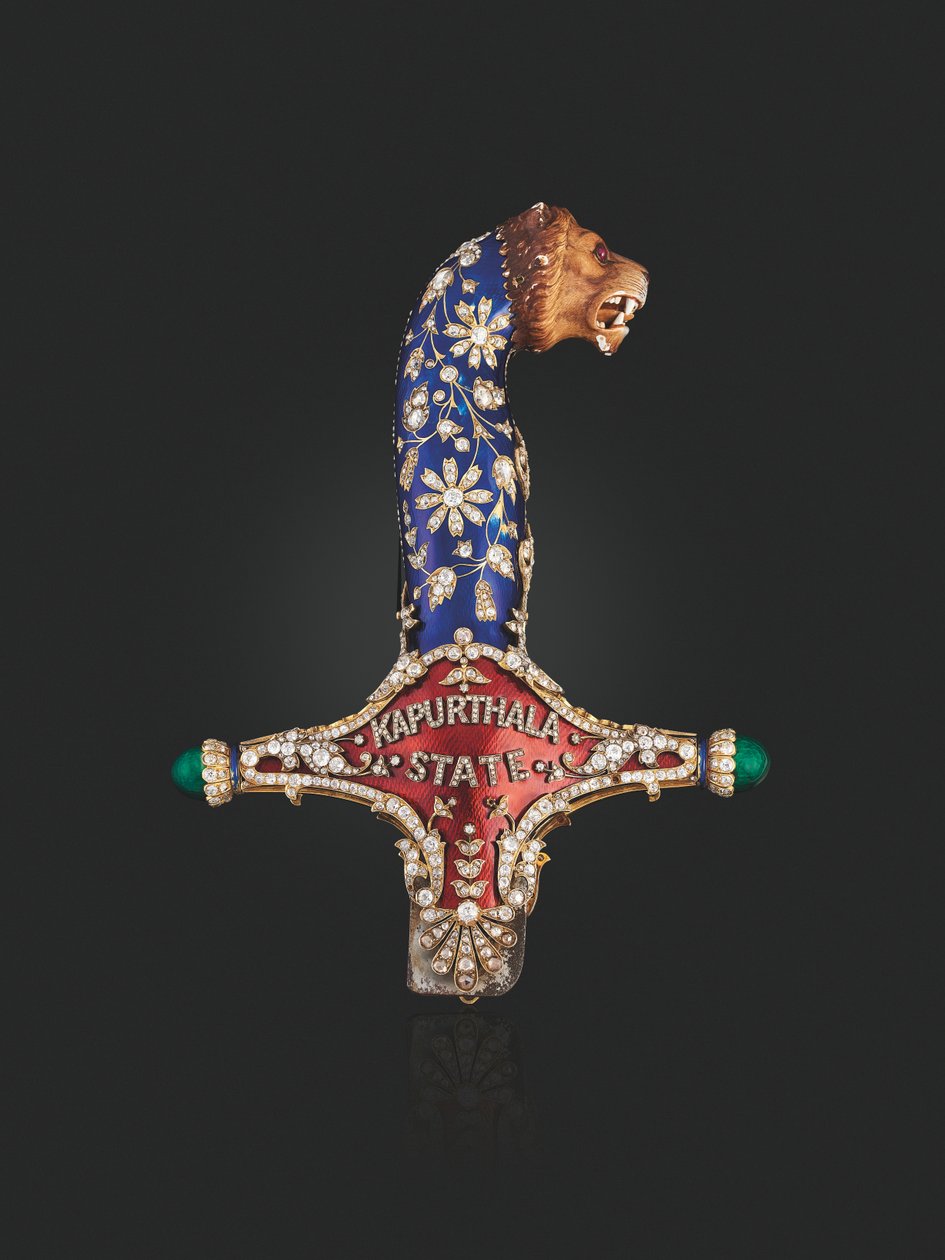 Rękojeść państwowego miecza Maharajy Jagatjita Singha z Kapurthali, ok. 1900 (emalia, diamenty i rubiny) autorstwa School Mughal