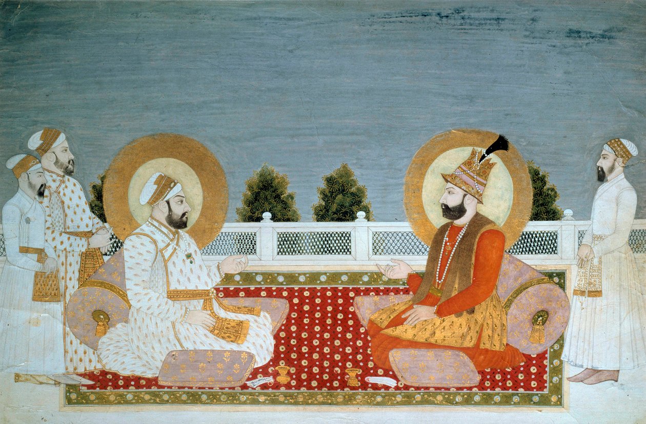 Sztuka indyjska: „” Reprezentacja Mohammeda Szacha (1702-1748) Cesarza Indii i Nadira Szacha (1688-1747), Szacha Iranu”” Miniatura szkoły Mughole, Muhammad Shah (1526-1858), niedz. 0,21x0,31 m - Paryż, Musee Guimet, Musee National des Arts Asians - M autorstwa School Mughal