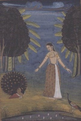 „Kakubha Ragini”: pani stoi na polanie karmiąc dwa pawie, Lucknow, Prowincjonalny Mughal, z serii i-viii z albumu Johnsona nr 30, ok. 1780 (gwasz i złoto na papierze) autorstwa School Mughal
