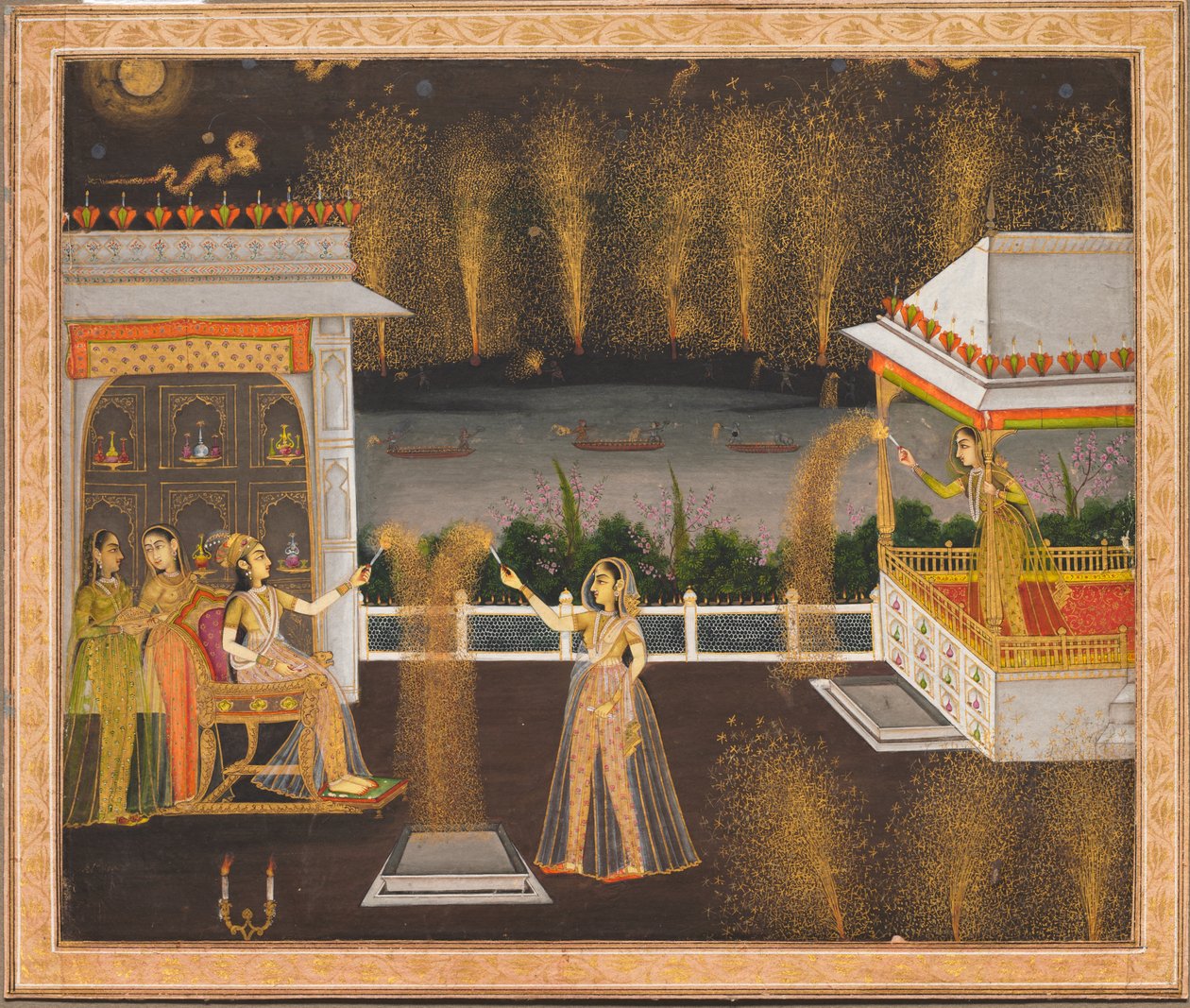 Panie świętujące Diwali, ok. 1760 (nieprzezroczysta akwarela i złoto na papierze) autorstwa School Mughal