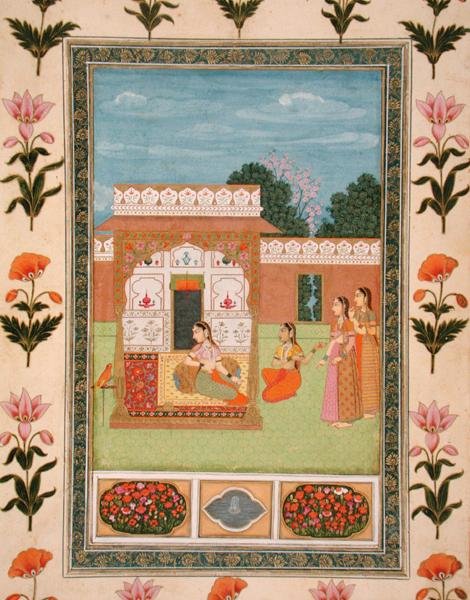 Panie przy pawilonie, z Małego Albumu Clive (nieprzezroczysta akwarela na papierze) autorstwa School Mughal