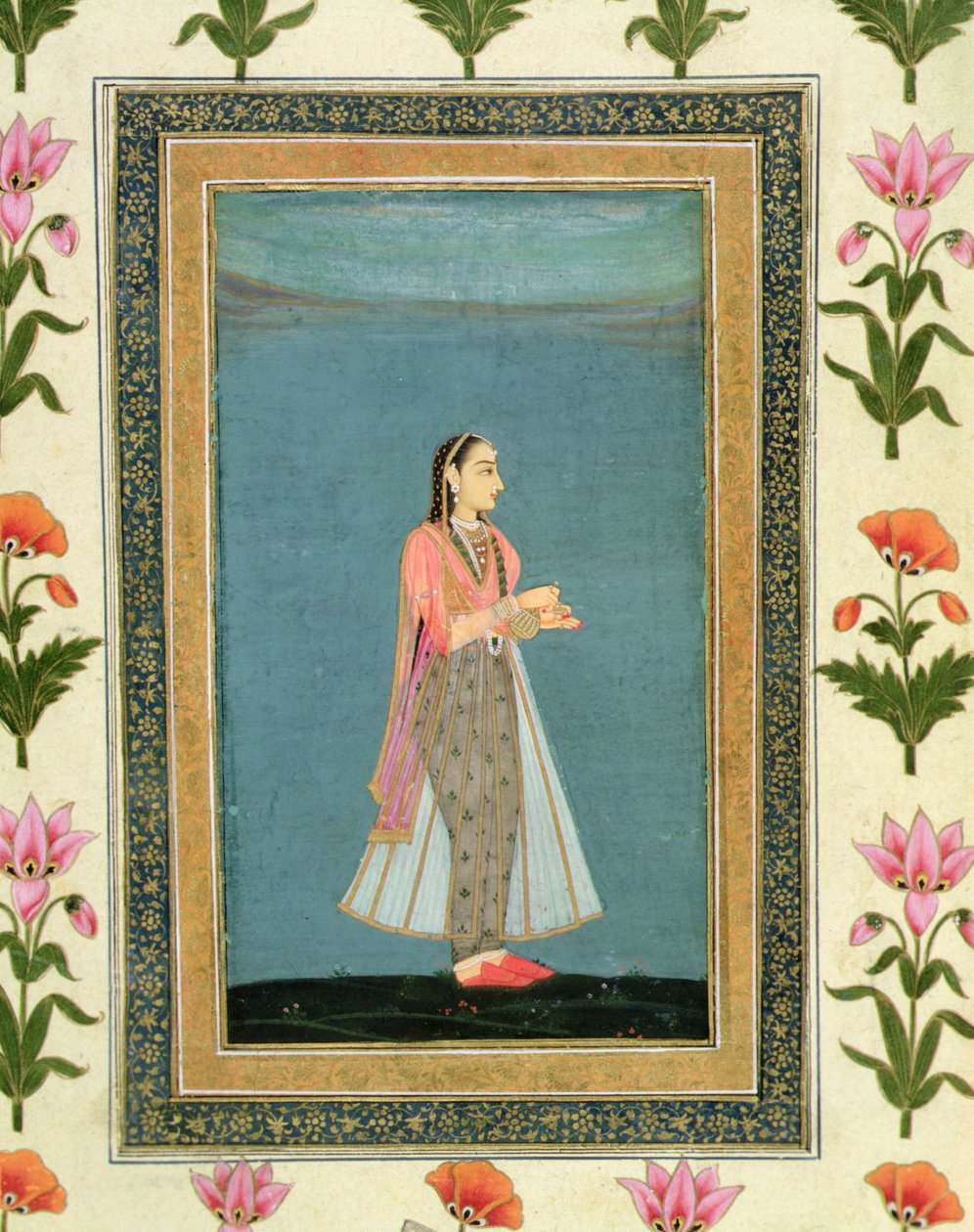 Pani trzymająca fiolkę i kielich wina, z Dużego Albumu Clive (akwarela na papierze) autorstwa School Mughal