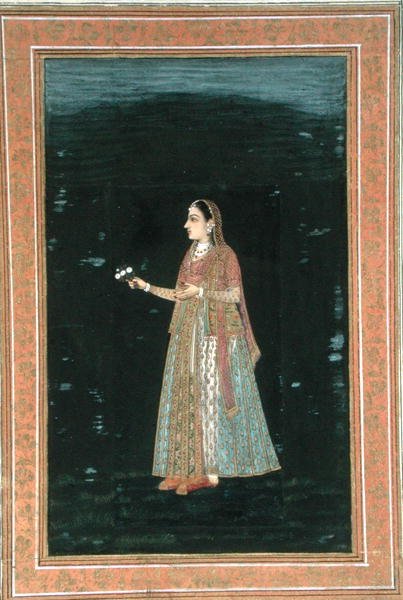 Pani trzymająca kwiaty, z Małego Albumu Clive (nieprzezroczysta akwarela na papierze) autorstwa School Mughal