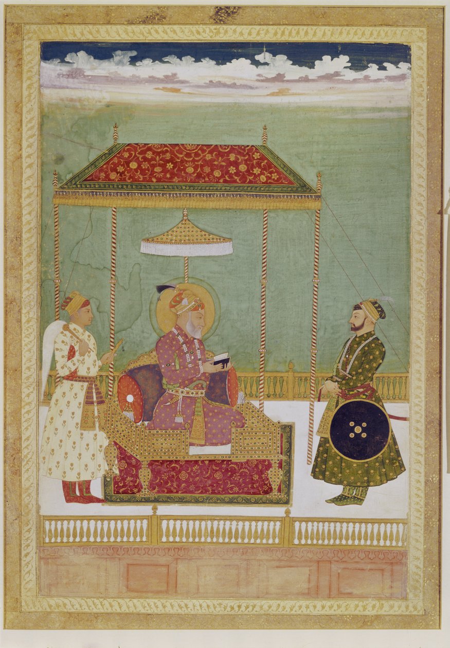 Portret szacha Aurangzeba z mężczyzną, prawdopodobnie Ashraf Khan, początek XVIII wieku (nieprzezroczysta akwarela, tusz i złoto na papierze) autorstwa School Mughal