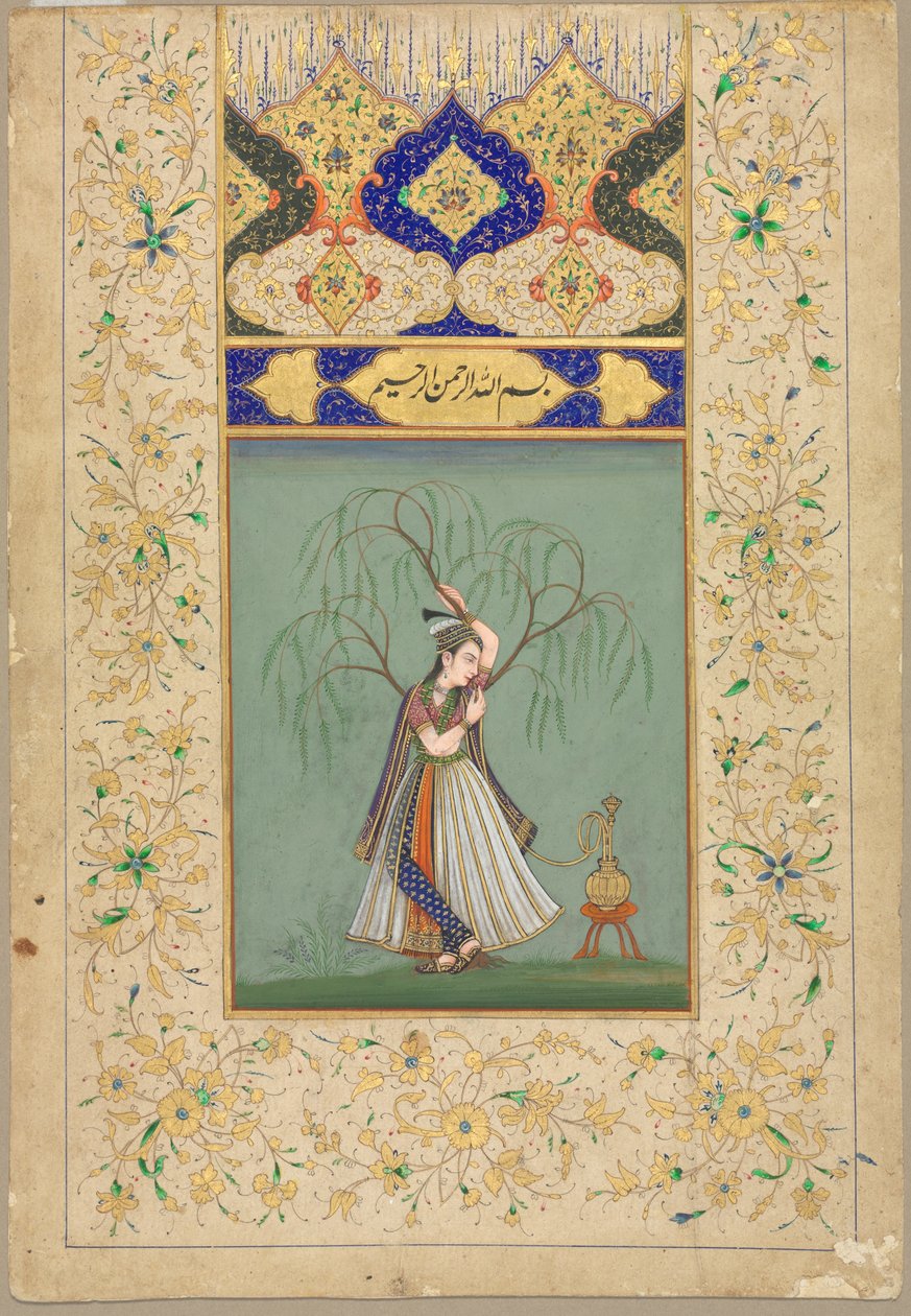 Księżniczka paląca fajkę wodną (jako Salabhanjika) autorstwa School Mughal