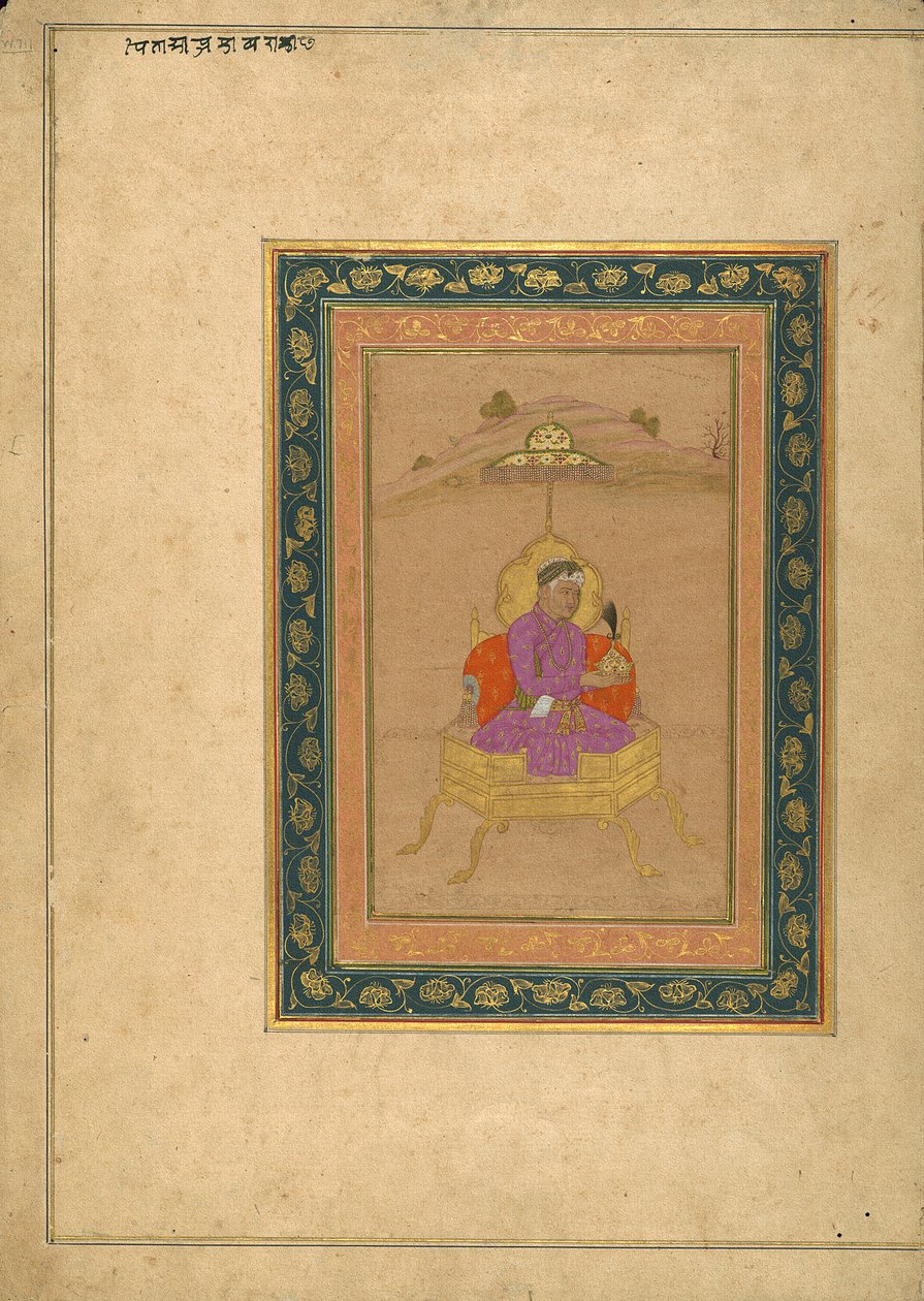 Trzeci cesarz Mogołów Akbar zasiadający na tronie królewskim trzymający koronę autorstwa School Mughal