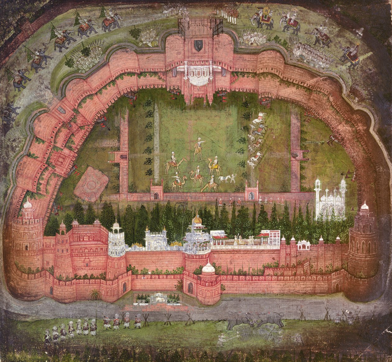 Czerwony Fort, Agra, Johnson Album VII nr 1 o numerze 11, ok. 1750 (gwasz na papierze) autorstwa School Mughal