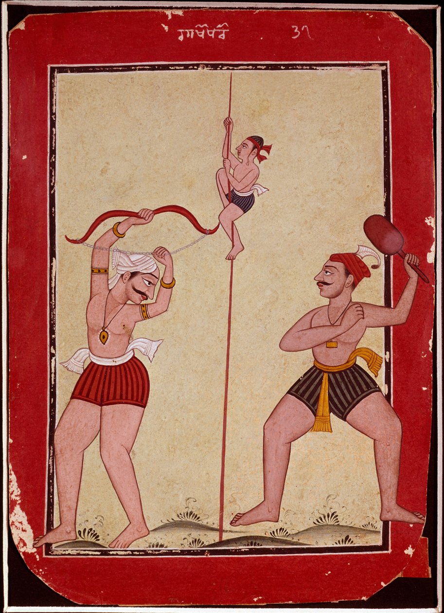 Trzech sportowców podczas treningu (gra linowa, łucznictwo i rakiety śnieżne) (Miniatura autorstwa School Mughal