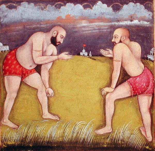Dwóch zapaśników, początek XIX w. (gwasz na papierze) autorstwa School Mughal