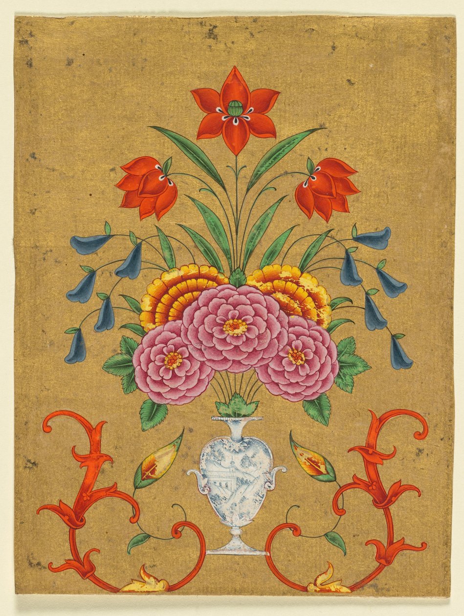 Wazon z kompozycją kwiatową i zwojami, ok. 1750-1800 (nieprzezroczysta akwarela ze złotem na papierze) autorstwa School Mughal