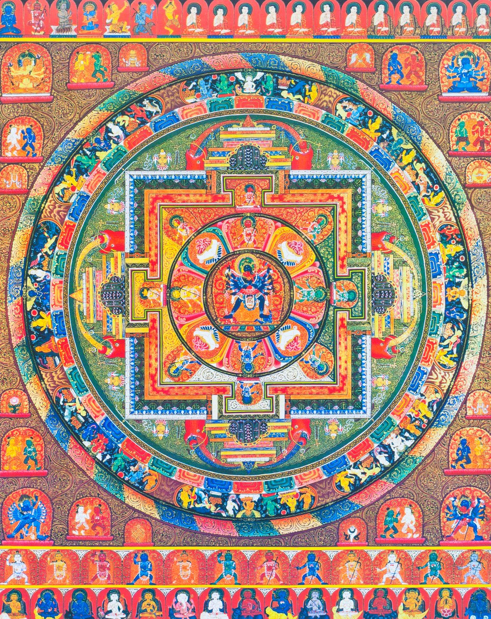 Chakrasambhara Mandala, przedstawiająca główne bóstwo Sambharę obejmujące swoją małżonkę Wadżrabarahi, symbolizujące połączenie mądrości i praktyki w celu osiągnięcia najwyższej błogości (gwasz na płótnie) autorstwa School Nepalese