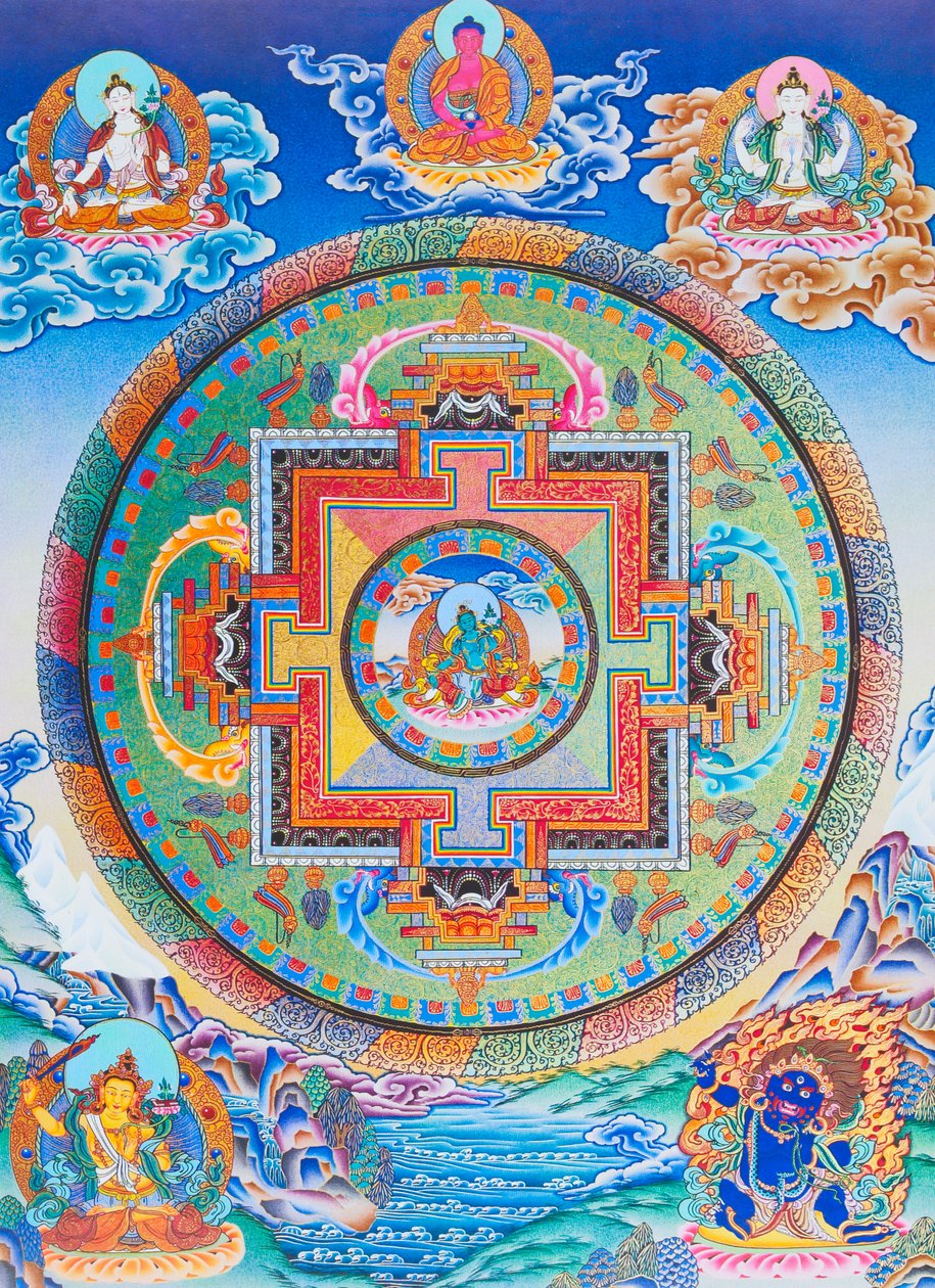 Zielona Tara Mandala przedstawiająca matczyną opiekunkę od wszelkich niebezpieczeństw w oceanie istnienia (gwasz na płótnie) autorstwa School Nepalese