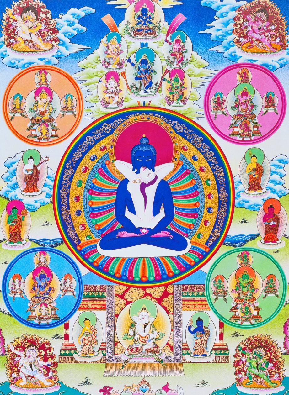 Imagem retratando Samantabhadra, junto com sua consorte, simbolizando a unidade com o polimento absoluto (guache sobre tecido) autorstwa School Nepalese