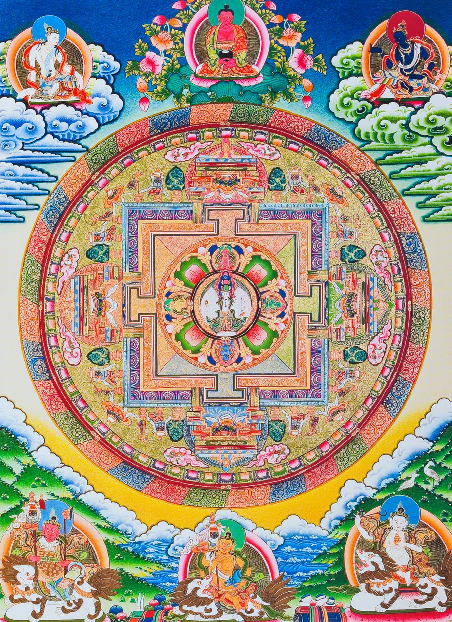 Mandala z tysiącem ramion Awalokiteśwara; święty, magiczny krąg przedstawiający jedenastogłowego bodhisattwę symbolizującego nieskończone współczucie (gwasz na płótnie) autorstwa School Nepalese