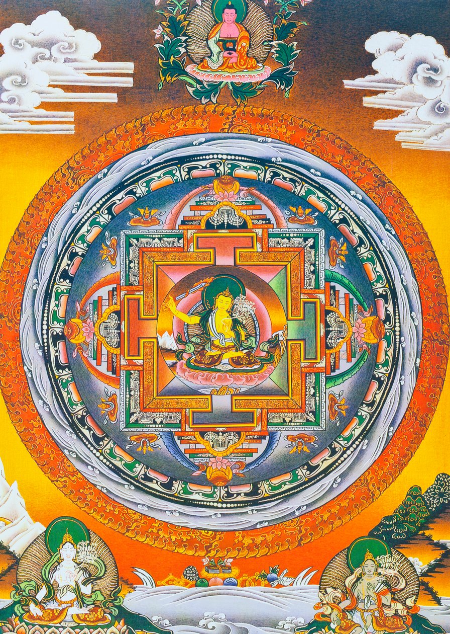 Manjushree Mandala, gdzie centralna postać przedstawia boga mądrości Manjushree, legendarnego twórcę doliny Katmandu (gwasz na płótnie) autorstwa School Nepalese