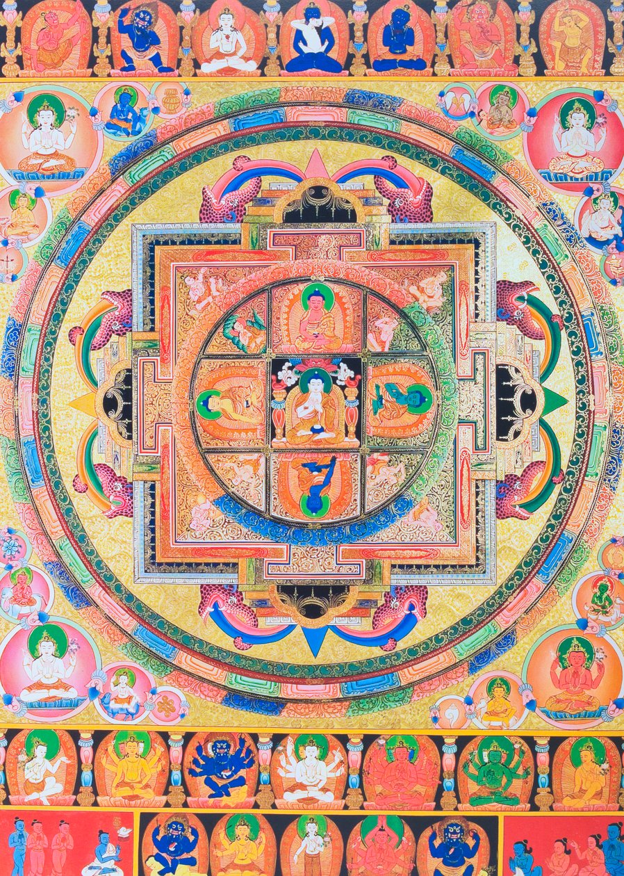 Pancha Buddha Mandala, przedstawiająca pięć postaci Buddy symbolizujących pięć rodzajów mądrości (gwasz na płótnie) autorstwa School Nepalese