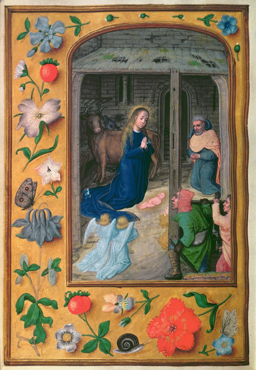 Dodaj szopkę 35314 f.25v, z księgi godzin, Brugia, c.1510-20 (welum) autorstwa School Netherlandish