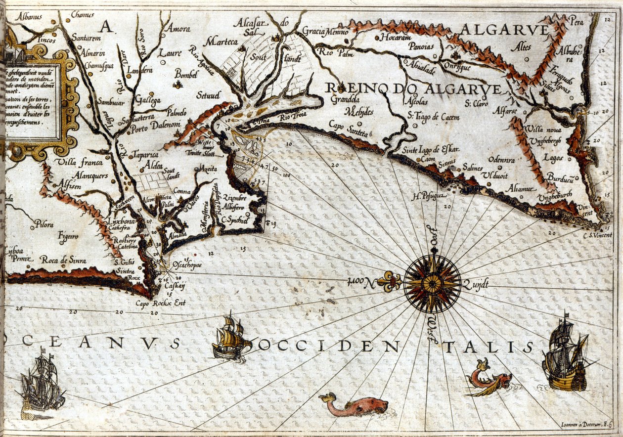 Cape Sagres (lub Sacred Cape) na końcu Portugalii po portugalii Luca J. Waghenaera Treesor of Zeevaert wydrukowany w Leiden w 1592 roku autorstwa School Netherlandish