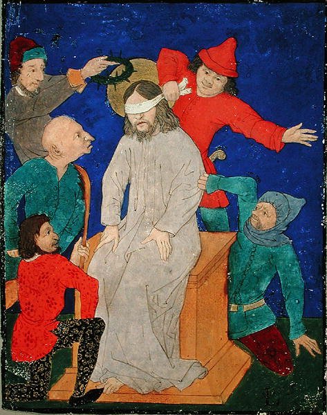Chrystus wyśmiewany (gwasz i czarny tusz i farba na pergaminie) autorstwa School Netherlandish