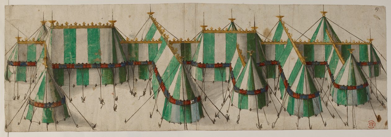 Bawełna Augustus III, f.19 Projekt pawilonu królewskiego w kolorach Tudorów, bieli i zieleni, podobno dla Henryka VIII na Polu Złotego Płótna autorstwa School Netherlandish