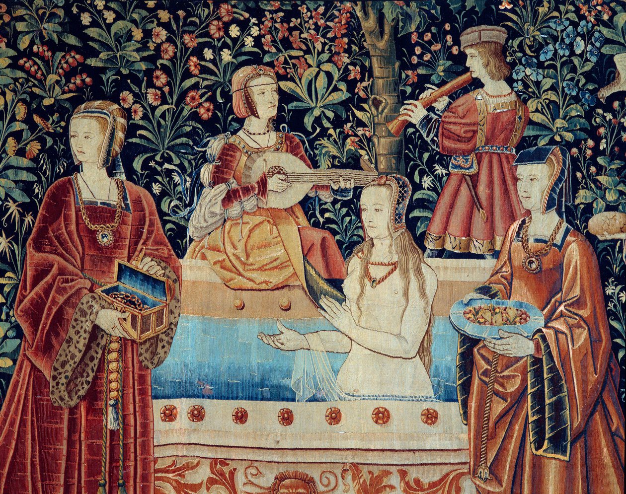 Kurtyna życia panowania: kąpiel. Szczegół. Gobelin z wełny i jedwabiu wykonany około 1520 roku w Holandii. Słońce 2,8x2,6 m Paryż, Narodowe Muzeum Średniowiecza, Thermes de Cluny autorstwa School Netherlandish