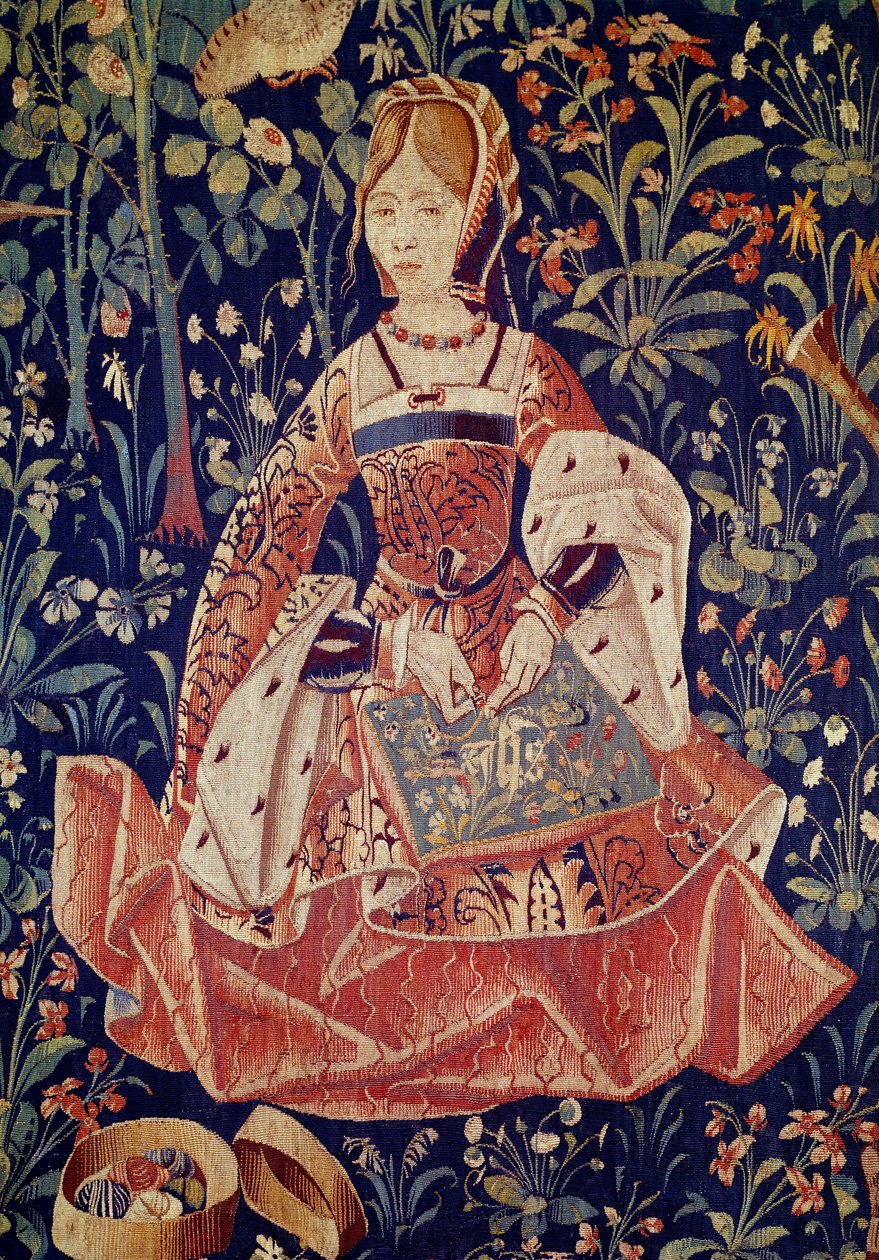 Powieszenie życia signeuralnego: Haft. Szczegół. Gobelin z wełny i jedwabiu wykonany około 1520 roku w Holandii. Paryż, Narodowe Muzeum Średniowiecza, Thermes de Cluny autorstwa School Netherlandish