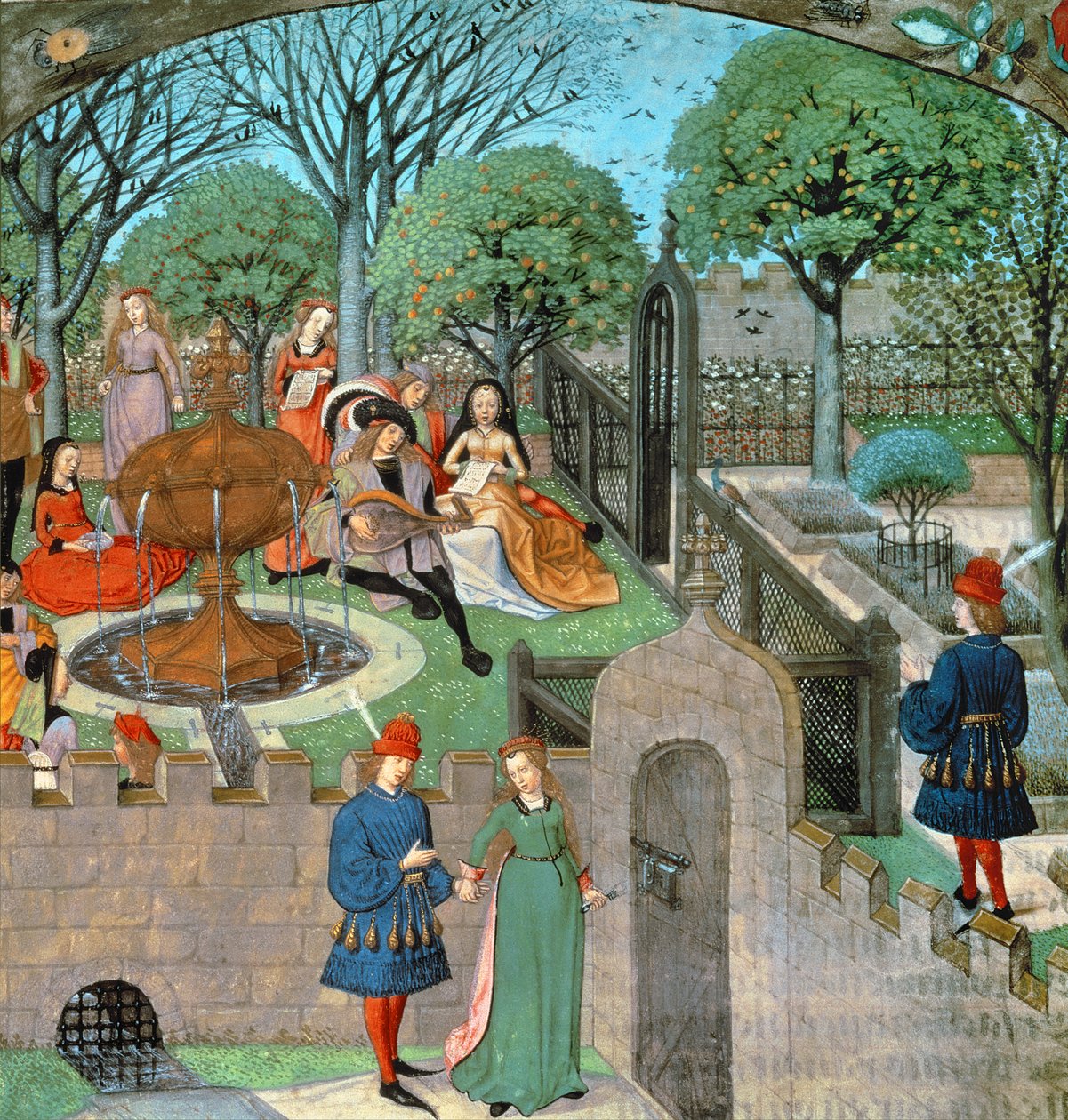 Harl 4425 f.12v Scena ogrodowa, kochanka i dama Oyseuse (bezczynność) poza murami ogrodu, z „Roman de la Rose”, Brugia, ok. 1490-1500 (welum) autorstwa School Netherlandish