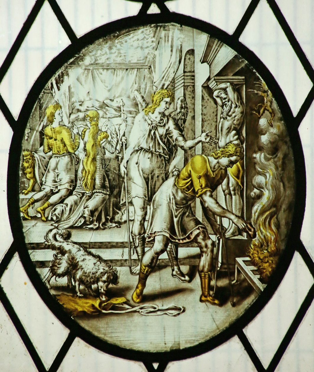 Roundel: Tobiasz pali wątrobę ryby (witraż) autorstwa School Netherlandish