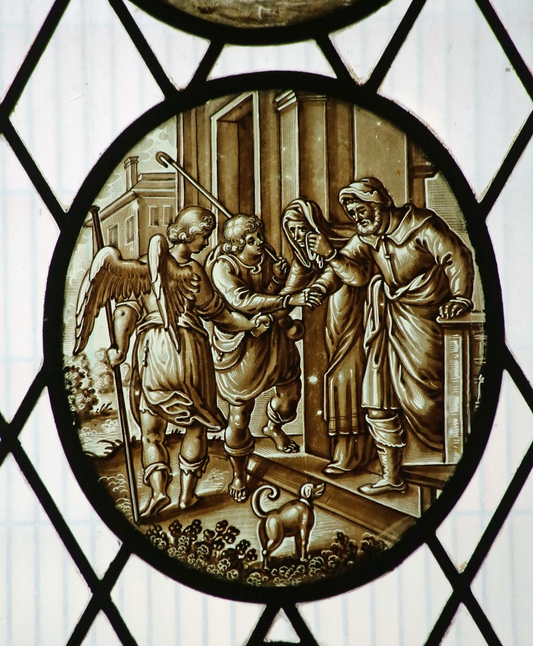 Roundel: Tobiasz odchodzi z aniołem, prawdopodobnie z XIX wieku (witraże) autorstwa School Netherlandish