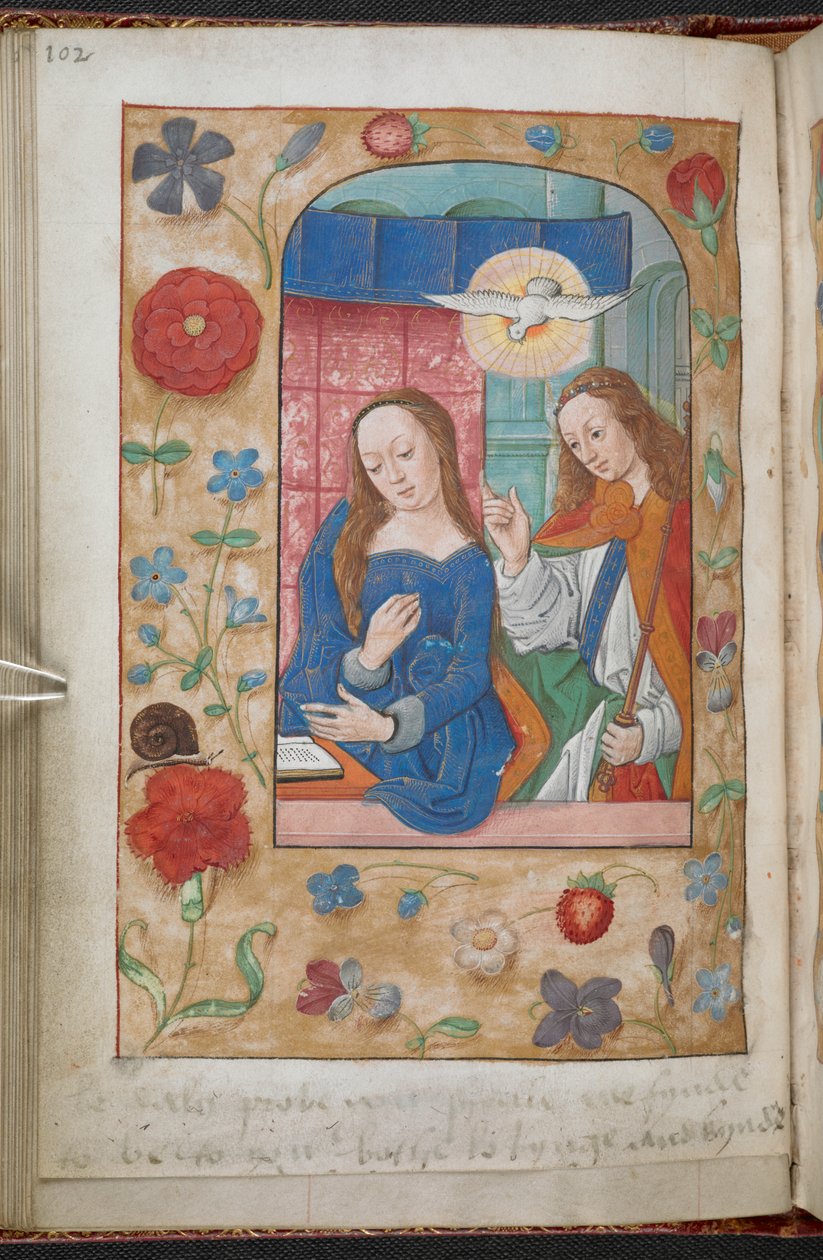 Zwiastowanie. Granica kwiatów, owoców, ptaków, owadów itp. w perspektywie na jasnozłotej ziemi. Na dole folio znajduje się napis (ręką Anne Boleyns) „Be daly udowodnić you wille me fynde to be to you zarówno lovynge and kynde”, ze św. autorstwa School Netherlandish