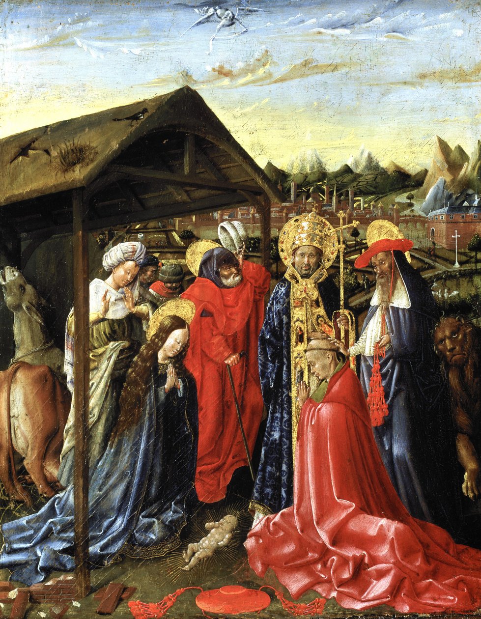 Narodzenia z SS. Sykstus (?) i Hieronim oraz kardynał (olej na desce) autorstwa School Netherlandish
