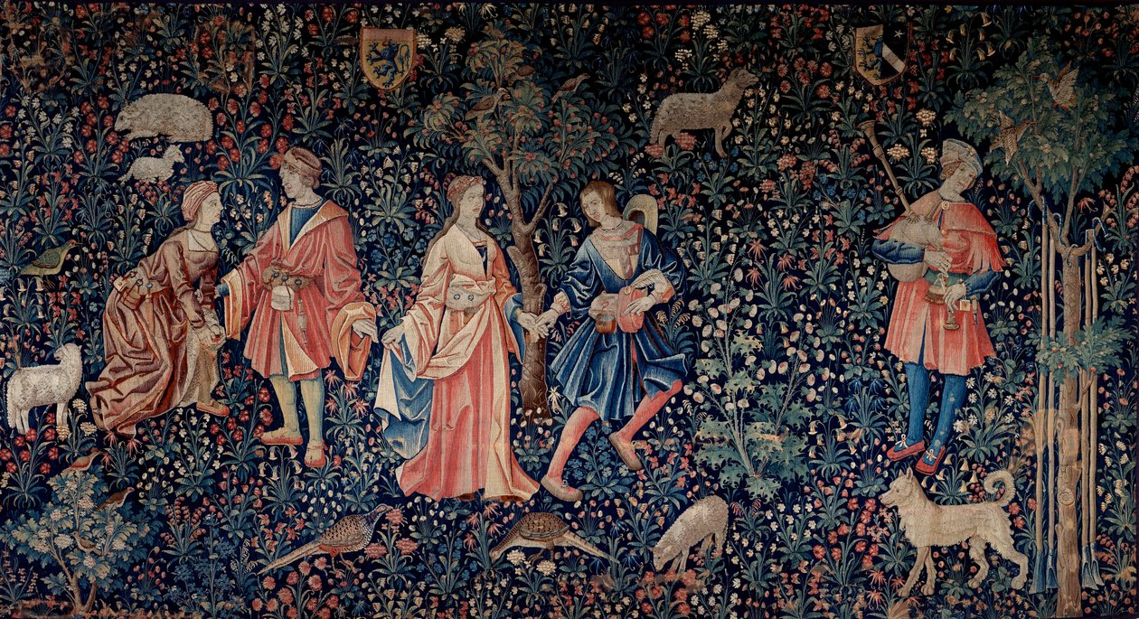 Zasłona życia panowania: scena galante. Gobelin z wełny i jedwabiu wykonany około 1520 roku w Holandii. Słońce 2,6x3,7 m Paryż, Narodowe Muzeum Średniowiecza, Thermes de Cluny autorstwa School Netherlandish